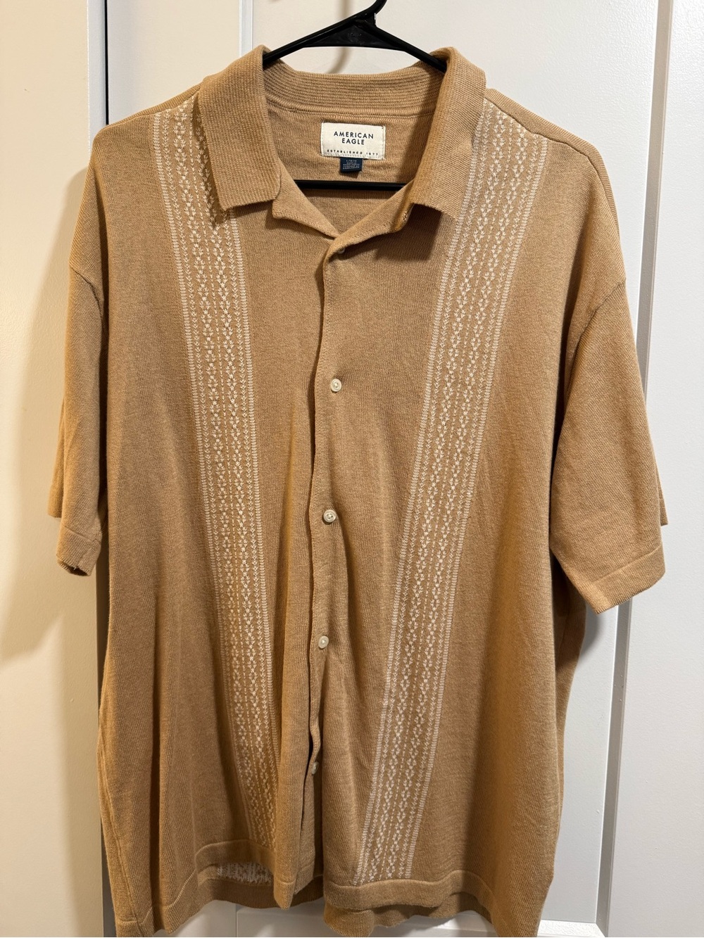 American Eagle Outfitters Tan Short Sleeve Button-Up Polo Shirt